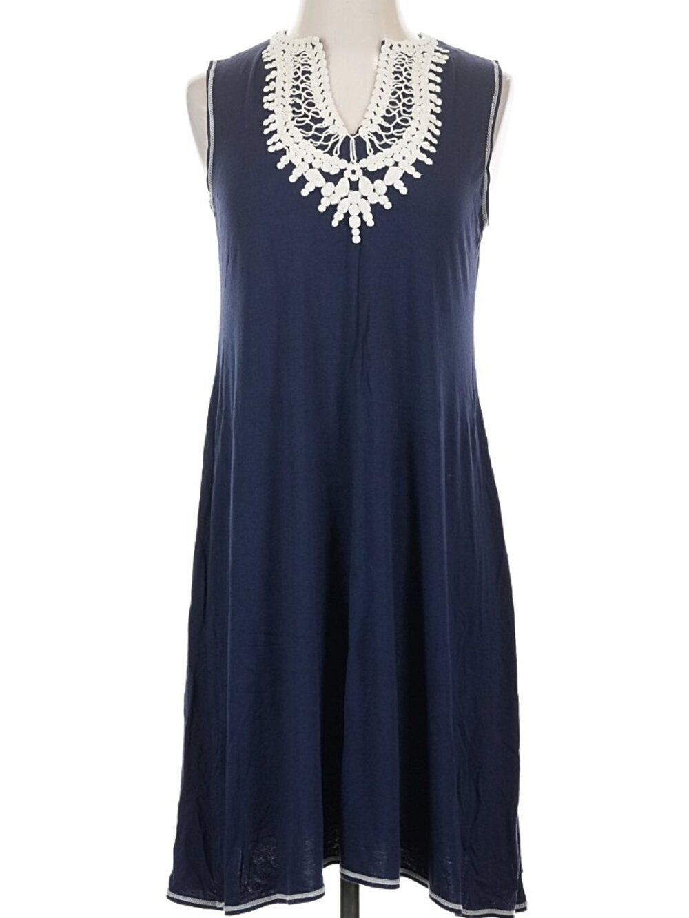 Max Studion Navy Dress Size Small Sleeveless with Ivory Brocade V Neck